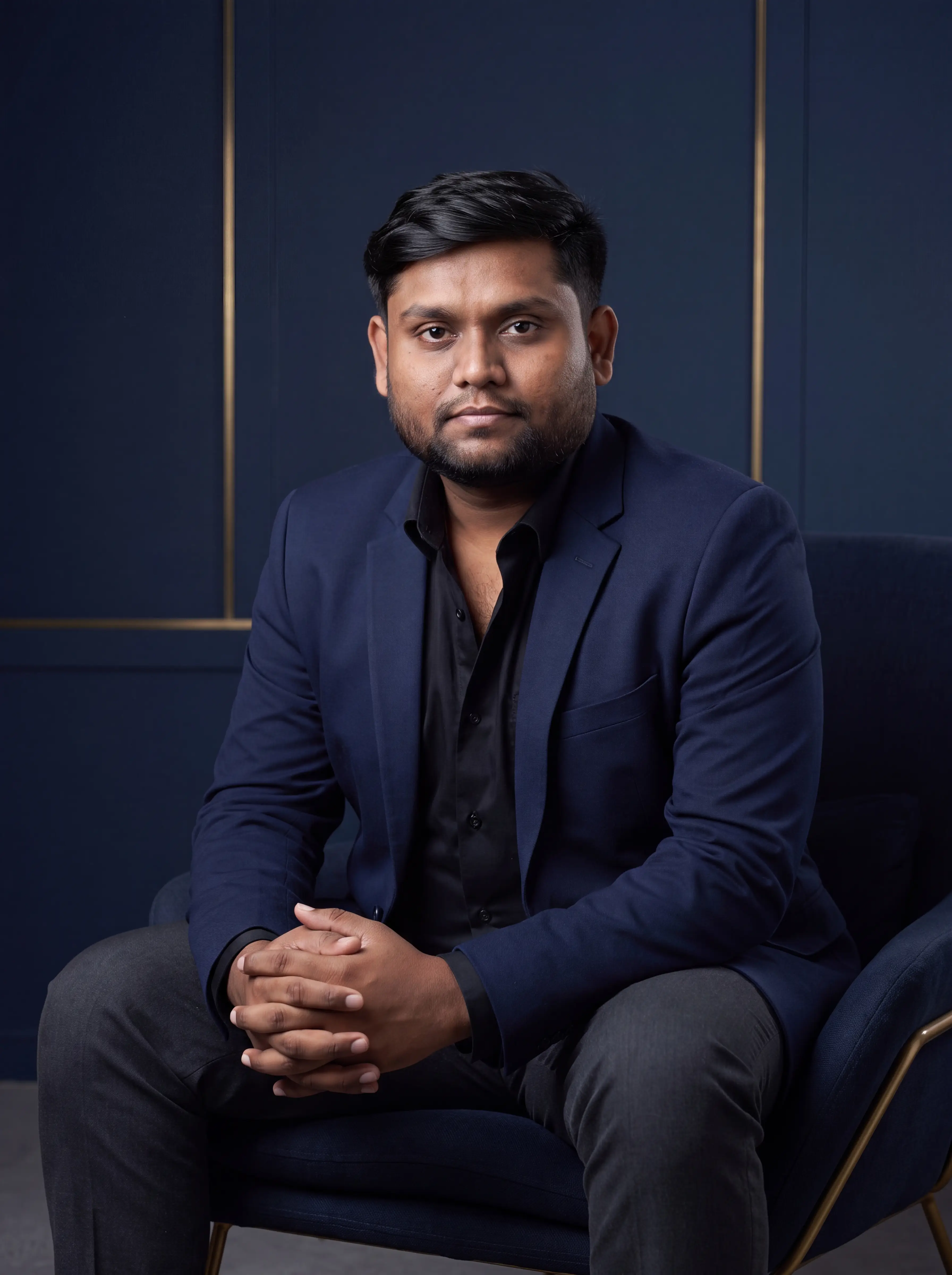 Abhishek Sharma seated for a founder portrait